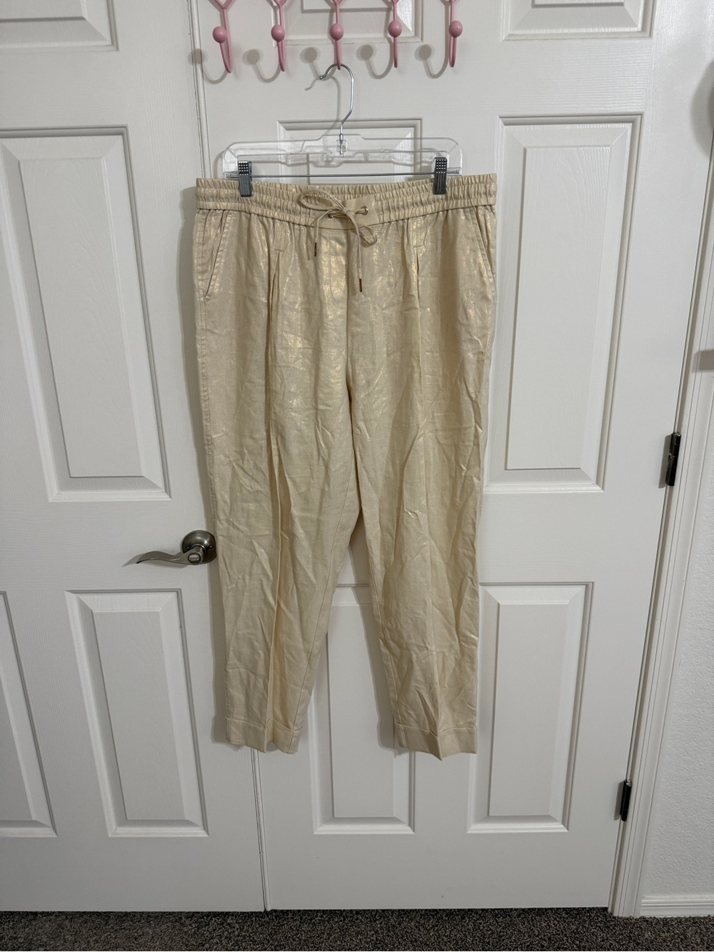 Anne Klein L Champagne Gold Metallic Drawstring Linen Look Pants Shimmer